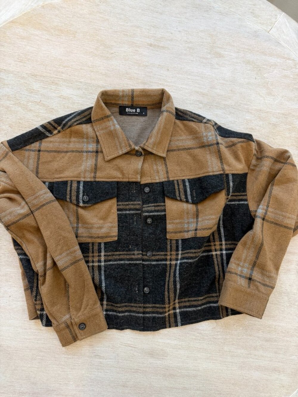 Blue B Collection Plaid Cropped Shacket Jacket Small Brown Black